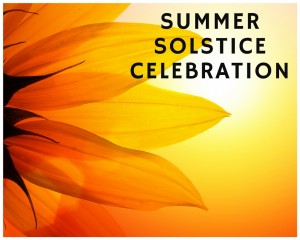 horizontal imge with close up of sunflower in organge and yellow colors giving the feeling of sunshine black text in all caps reads Solstice Celebration