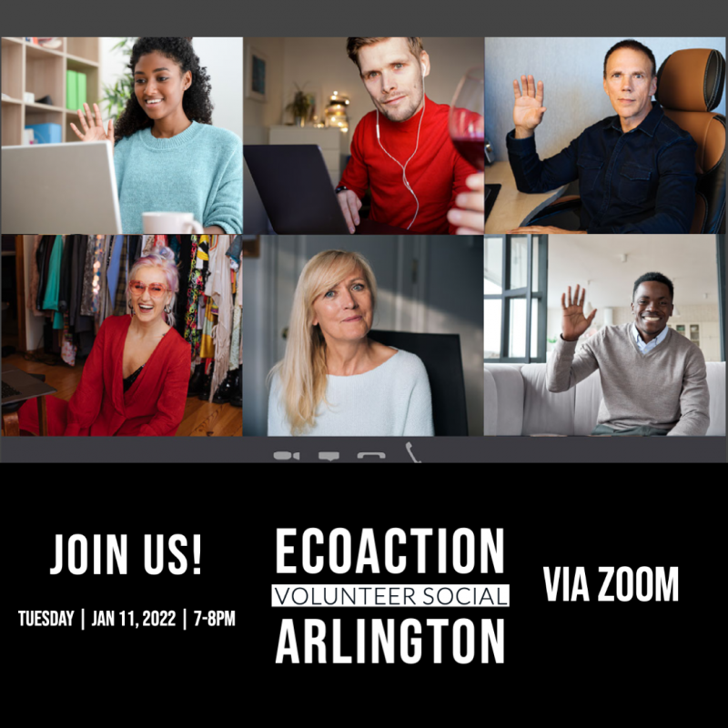 Join Us! EcoAction Arlington Volunteer Social Via Zoom, 6 photos: 3x2 table with smiling and waving people in front of their screens