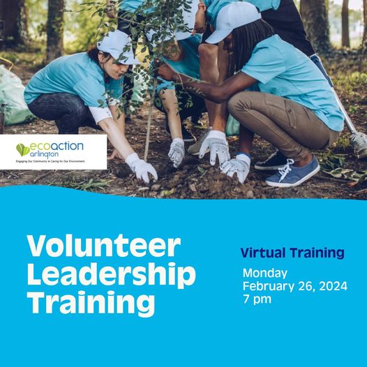 Blue square image of volunteers in blue shirts and caps planting a tree in the ground volunteer leadership training, virtual training, Monday, February 26, 2024, 7 pm