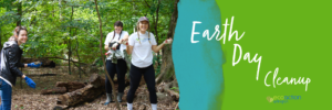 banner image with 3 volunteers wearing EcoAction Arlington t-shirts with trees and woods behind them on the right over a blue and green background in white font Earth Day Cleanup