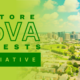 background image of an urban landscape with tall building,s highways, green spaces and trees, text on bright green overlay Restore NoVa Forests Initiative