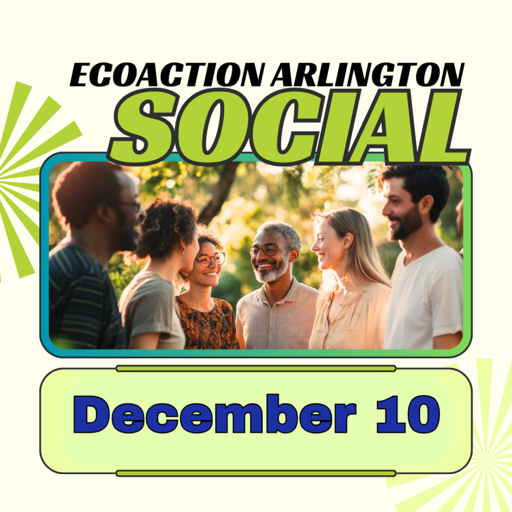 EcoAction Arlington Social December 10 square image with a green starburst graphic and photo of smiling people talking in a circle outdoors surrounded by trees and sunshine.