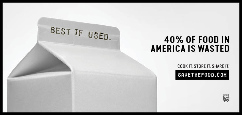 image of a top of a milk carton. 40% of food in America is wasted.  Cook it, store it, share it. savethefood.com NRDC logo