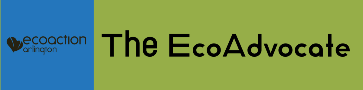 ecoaction arlington logo on a blue background, the title: The EcoAdvcoate on a green backgroun