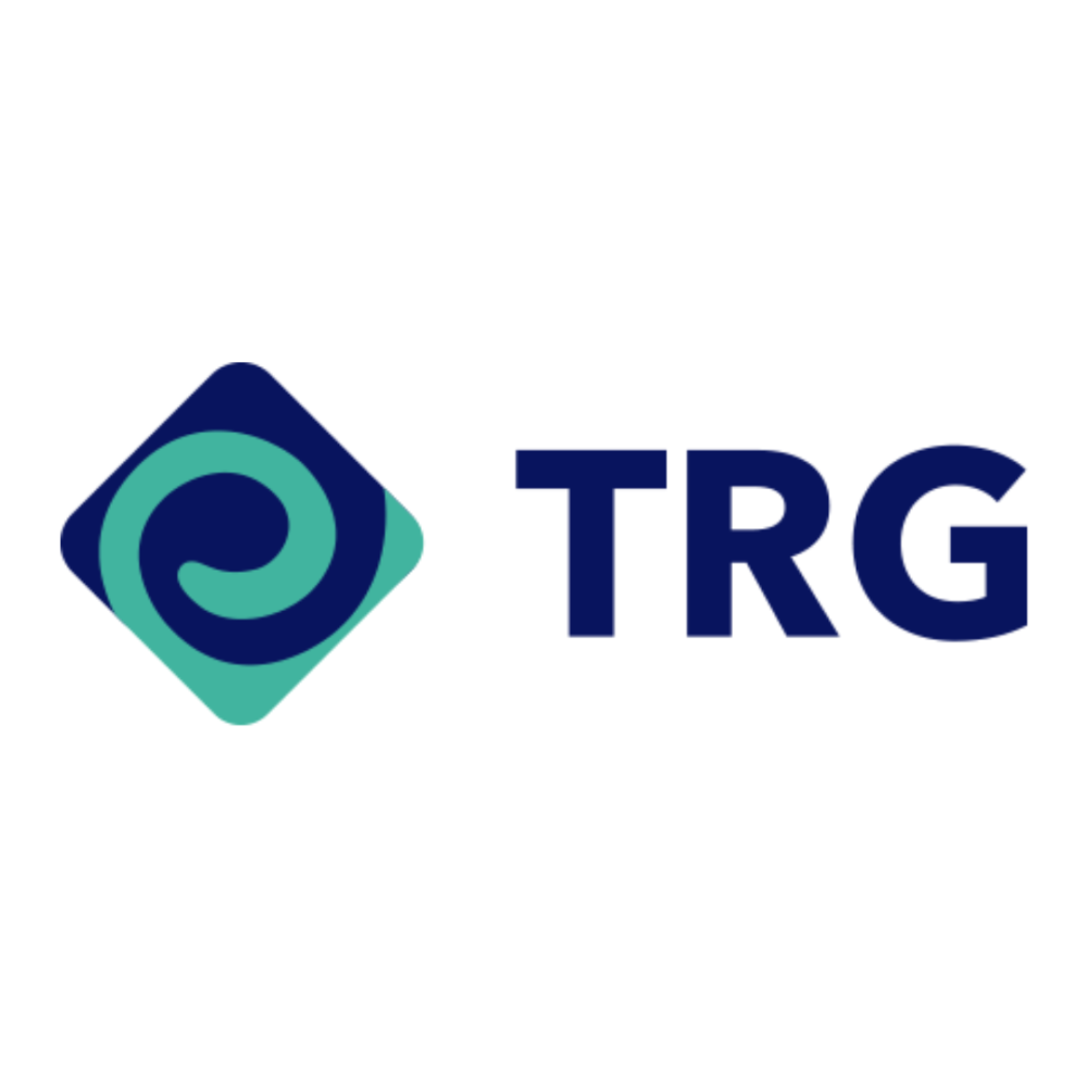 green swirl in a navy diamond TRG logo