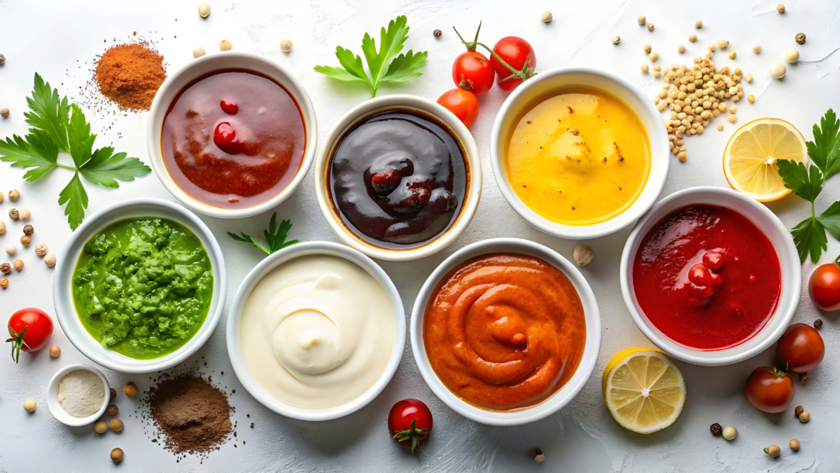 image: bowls of various condiments with herbs and spices strewn in the background and foreground around the bowls