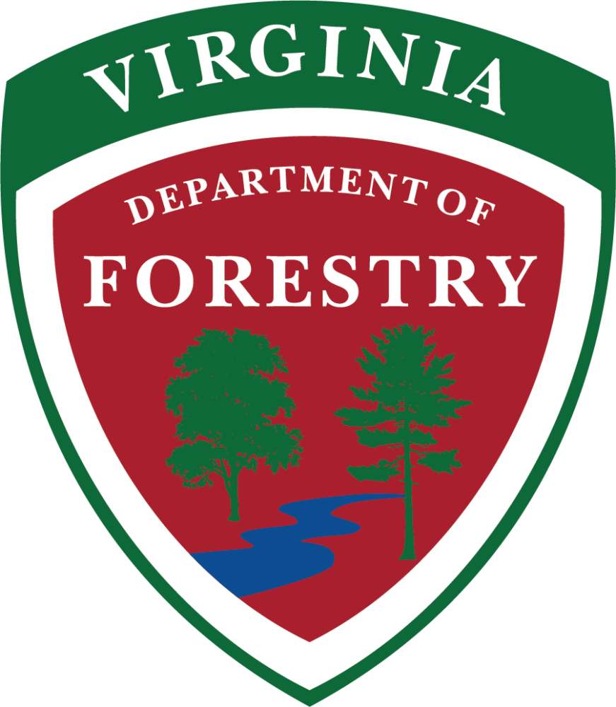 Virginia Department of Forestry logo a badge with green and red and an image of two green trees with a blue river running between the two trees