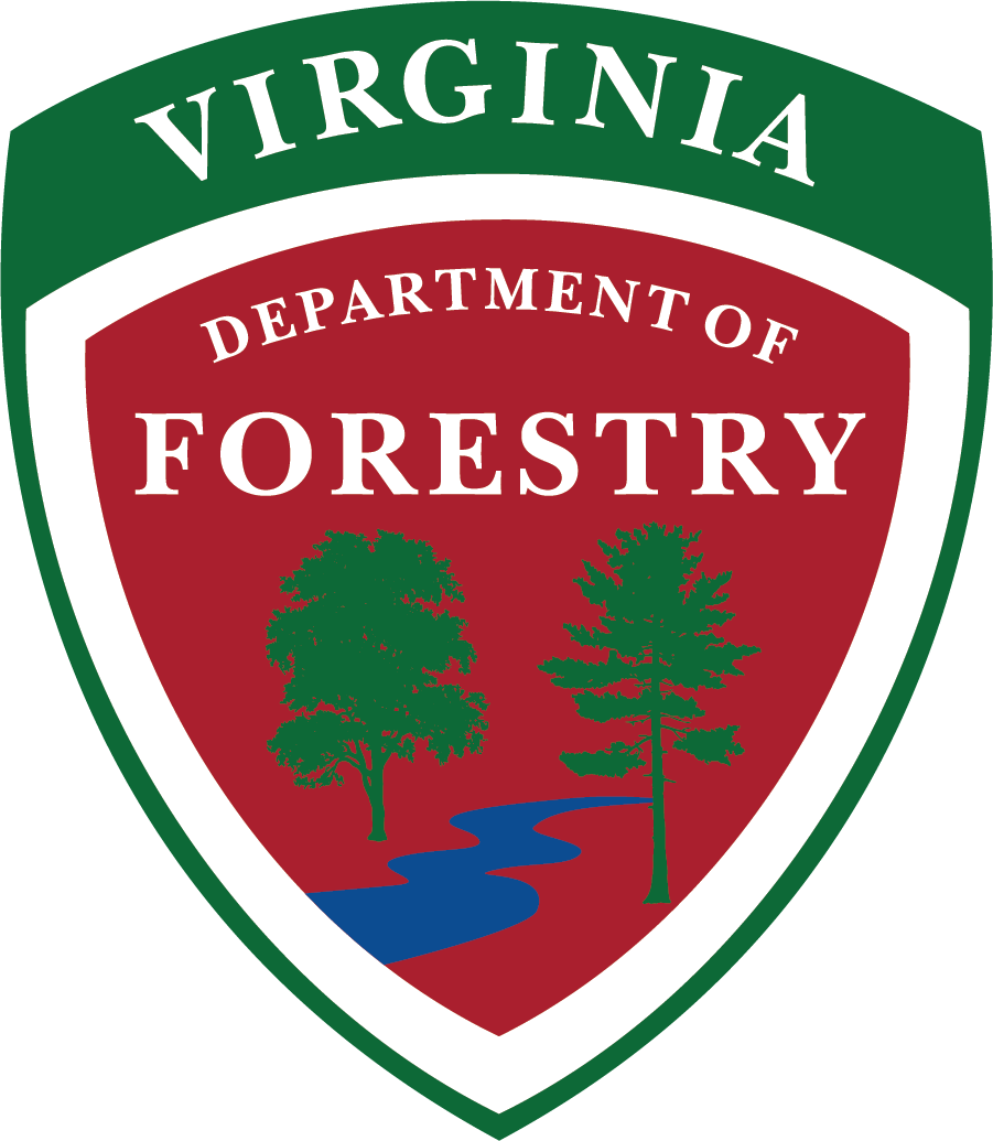 Virginia Department of Forestry logo a badge with green and red and an image of two green trees with a blue river running between the two trees