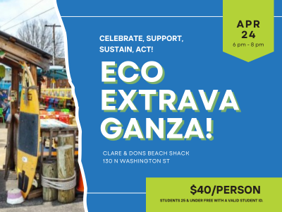 Promotional banner for the 7th Annual EcoExtravaganza, featuring a colorful outdoor patio at Clare & Don’s Beach Shack. The banner has bold blue and green text announcing the event details: 'Celebrate, Support, Sustain, Act! ECO EXTRAVAGANZA!' The date and time are displayed in a green hexagon: 'April 24, 6 pm - 8 pm.' The venue address, 'Clare & Don’s Beach Shack, 130 N Washington St,' is written below the main title. At the bottom, ticket pricing is highlighted in a green box: '$40/person,' with a note that 'Students 25 & under free with a valid student ID.